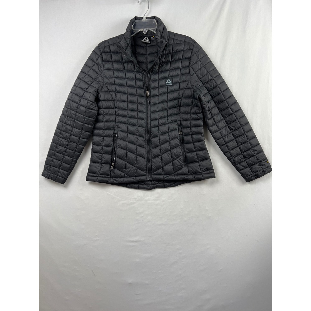 Reebok Puffer Jacket Womens XL Black Excellent Quilted Full Zip Mock Neck Coat
